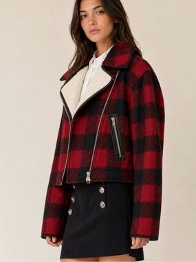 Veronica Beard Red & Black Plaid Bomber Jacket